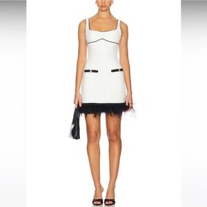 SAYLOR White and Black Feather Trim Mini Dress